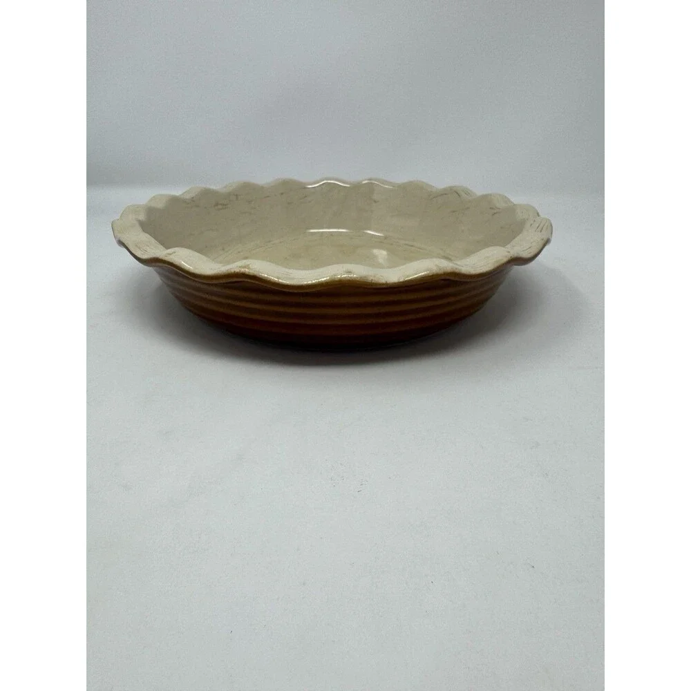 Emile Henry 10” Ruffled Edge Ceramic Pie Dish Plate France Brown Baking Kitchen